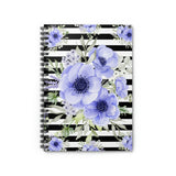 Small Spiral Notebook, 6x8in-Soft Blue Floral-Black Horizontal Stripes-White