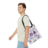 Tote Bag-Soft Purple Floral-Purple Pinstripes-White