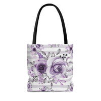 Tote Bag-Soft Purple Floral-Soft Purple Horizontal Stripes-White