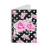 Small Spiral Notebook, 6x8in-Magenta Pink Floral-White Polka Dots-Black