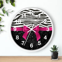 Wall Clock-Glam Passion Pink Bow-Zebra-Black Glitter