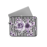 Laptop Sleeve-Soft Purple Floral-Black White Pinstripes