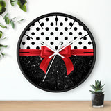 Wall Clock-Glam Red Bow-Black Polka Dots-Black Glitter