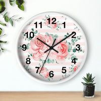 Wall Clock-Lush Pink Floral-Pink Horizontal Stripes-White