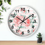 Wall Clock-Lush Pink Floral-Pink Horizontal Stripes-White