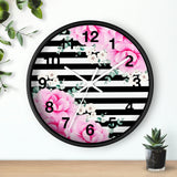 Wall Clock-Magenta Pink-Floral Bash-Black Horizontal Stripes-White