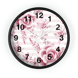 Wall Clock-Soft Pink Floral Mauve-Horizontal Stripes-White