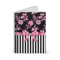 Small Spiral Notebook, 6x8in-Glam Pink Bow-Pink Stencil-Black White Pinstripes