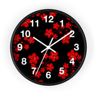 Wall Clock-Red Floral Blossoms-Black