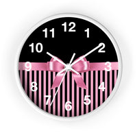 Wall Clock-Glam Pink Bow-Pink Black Pinstripes-Black