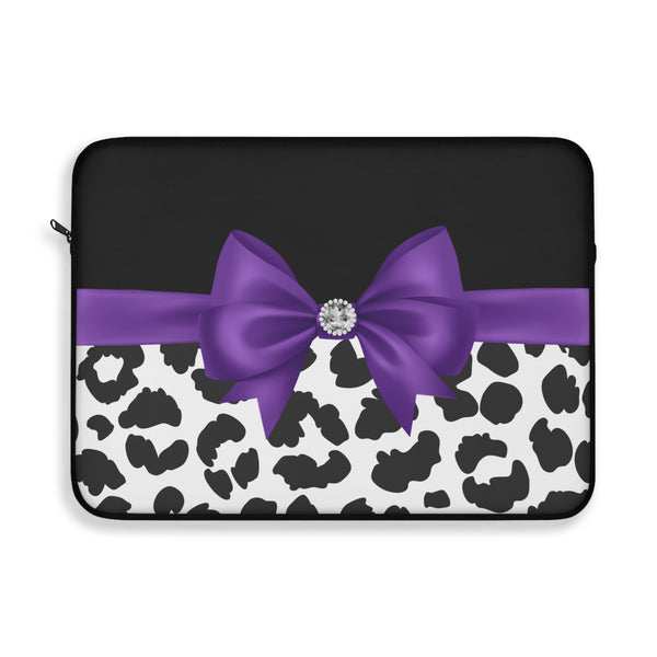 Laptop Sleeve-Glam Purple Bow-Snow Leopard-Black