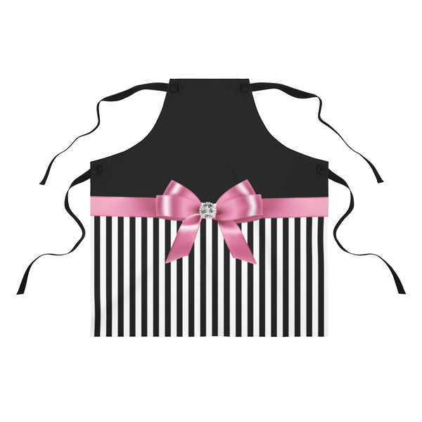 Apron-Glam Pink Bow-Black White Pinstripes-Black