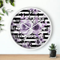 Wall Clock-Soft Purple Floral-Black Horizontal Stripes-White