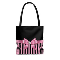 Tote Bag-Glam Pink Bow-Pink Black Pinstripes-Black