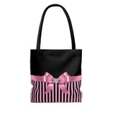 Tote Bag-Glam Pink Bow-Pink Black Pinstripes-Black