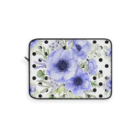 Laptop Sleeve-Soft Blue Floral-Black Polka Dots-White