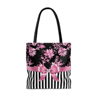 Tote Bag-Glam Pink Bow-Pink Stencil-Black White Pinstripes