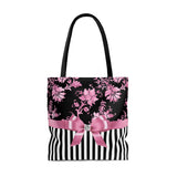 Tote Bag-Glam Pink Bow-Pink Stencil-Black White Pinstripes