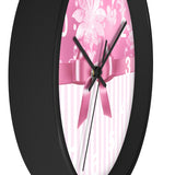 Wall Clock-Glam Pink Bow-Pink White Stencil-Pink White Pinstripes