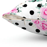 Square Pillow-Magenta Pink Floral-Black Polka Dots-White