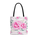 Tote Bag-Magenta Pink Floral-Pink Horizontal Stripes-White