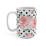 Coffee Mug 15oz-Lush Pink Floral-Black Polka Dots-White