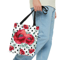 Tote Bag-Rouge Red Floral-Black Polka Dots-White