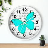 Wall Clock-Aqua Butterfly-Illegible Cursive-10"x10"in