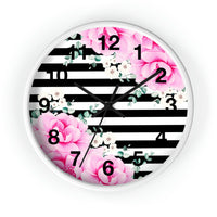 Wall Clock-Magenta Pink-Floral Bash-Black Horizontal Stripes-White