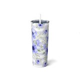 Skinny Tumbler, 20oz-Soft Blue Floral-Soft Blue Horizontal Stripes-White