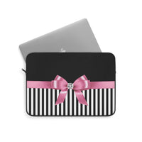 Laptop Sleeve-Glam Pink Bow-Black White Pinstripes-Black