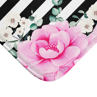 Bath Mat-Magenta Pink-Floral Bash-Black Horizontal Stripes-White