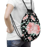 Drawstring Bag-Lush Pink Floral-White Polka Dots-Black