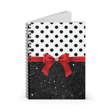 Small Spiral Notebook, 6x8in-Glam Red Bow-Black Polka Dots-Black Glitter