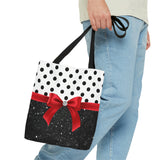 Tote Bag-Glam Red Bow-Black Polka Dots-Black Glitter