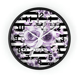 Wall Clock-Soft Purple Floral-Black Horizontal Stripes-White