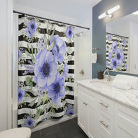 Shower Curtains-Soft Blue Floral-Black Horizontal Stripes-White