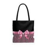 Tote Bag-Glam Pink Bow-Pink Black Pinstripes-Black