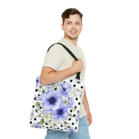 Tote Bag-Soft Blue Floral-Black Polka Dots-White