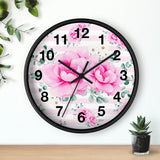 Wall Clock-Magenta Pink Floral-Pink Horizontal Stripes-White