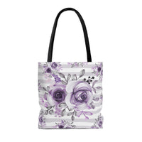 Tote Bag-Soft Purple Floral-Soft Purple Horizontal Stripes-White