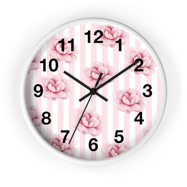 Wall clock-Pink Floral Pinstripes