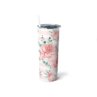 Skinny Tumbler, 20oz-Lush Pink Floral-Pink Horizontal Stripes-White