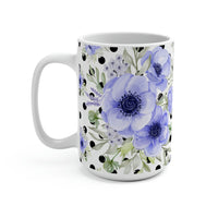 Coffee Mug 15oz-Soft Blue Floral-Black Polka Dots-White