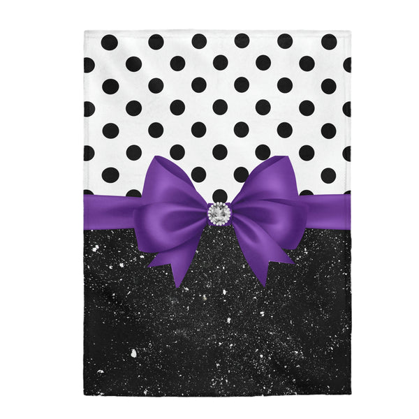 Velveteen Plush Blanket-Glam Purple Bow-Black Polka Dots-Black Glitter