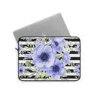 Laptop Sleeve-Soft Blue Floral-Black Horizontal Stripes-White