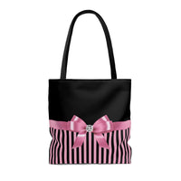 Tote Bag-Glam Pink Bow-Pink Black Pinstripes-Black