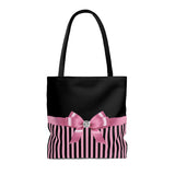 Tote Bag-Glam Pink Bow-Pink Black Pinstripes-Black