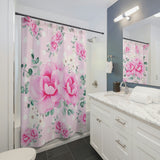 Shower Curtains-Magenta Pink Floral-White Polka Dots-Pink