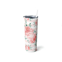 Skinny Tumbler, 20oz-Lush Pink Floral-Pink Horizontal Stripes-White